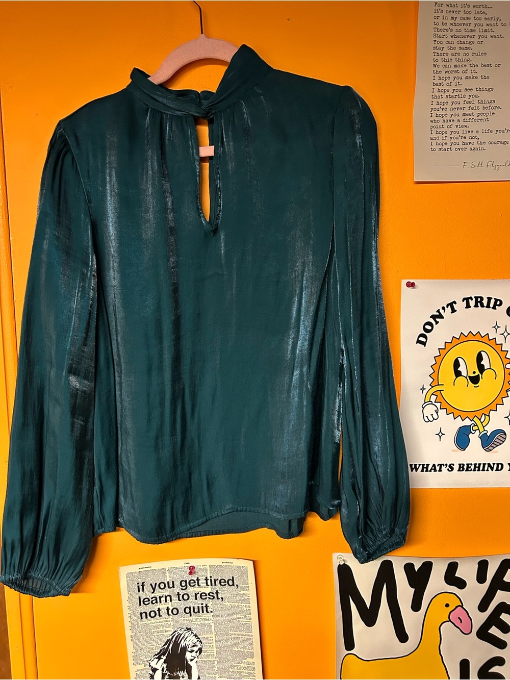 Nine West Teal Satin Keyhole Long-Sleeve Blouse